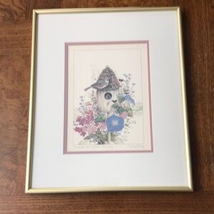 VTG Cyndy Callog, Botanical Signed Print Treasure Box Tufted Titmouse Framed